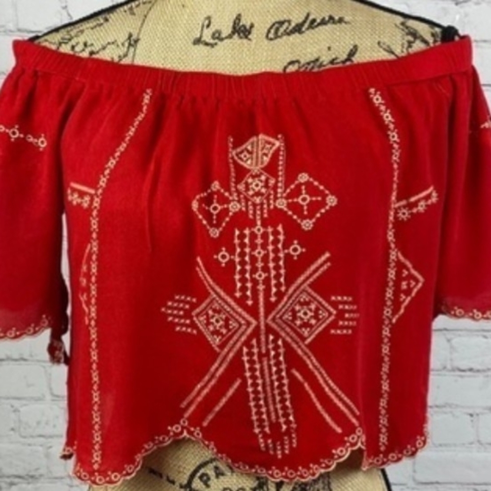 Gold Embroidered Red Off-Shoulder Cropped Top  Size Medium